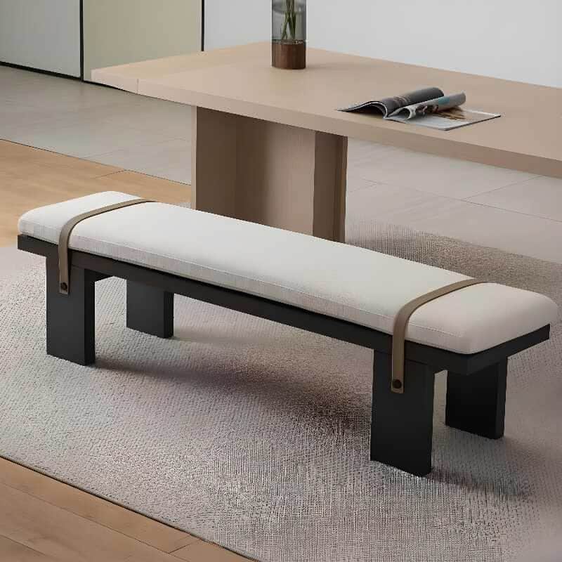 A contemporary upholstered bench featuring a dark, solid rectangular base and a light-colored, plush… — 3D model