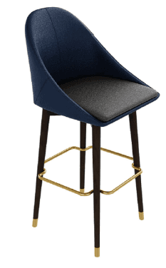 A modern bar stool featuring a curved, dark blue upholstered backrest and a contrasting dark grey up… — 3D model