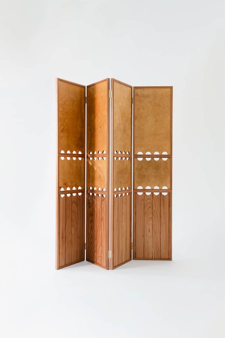 A four-panel folding room divider featuring a frame and lower sections constructed from medium-toned… — 3D model