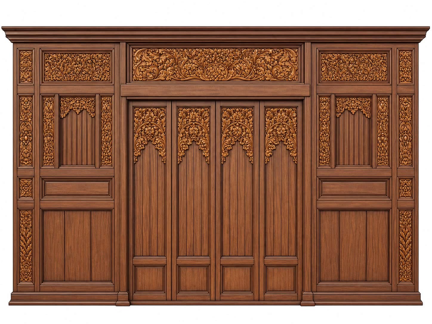 A freestanding, ornate wooden room divider or decorative wall panel, characterized by extensive, int… — 3D model