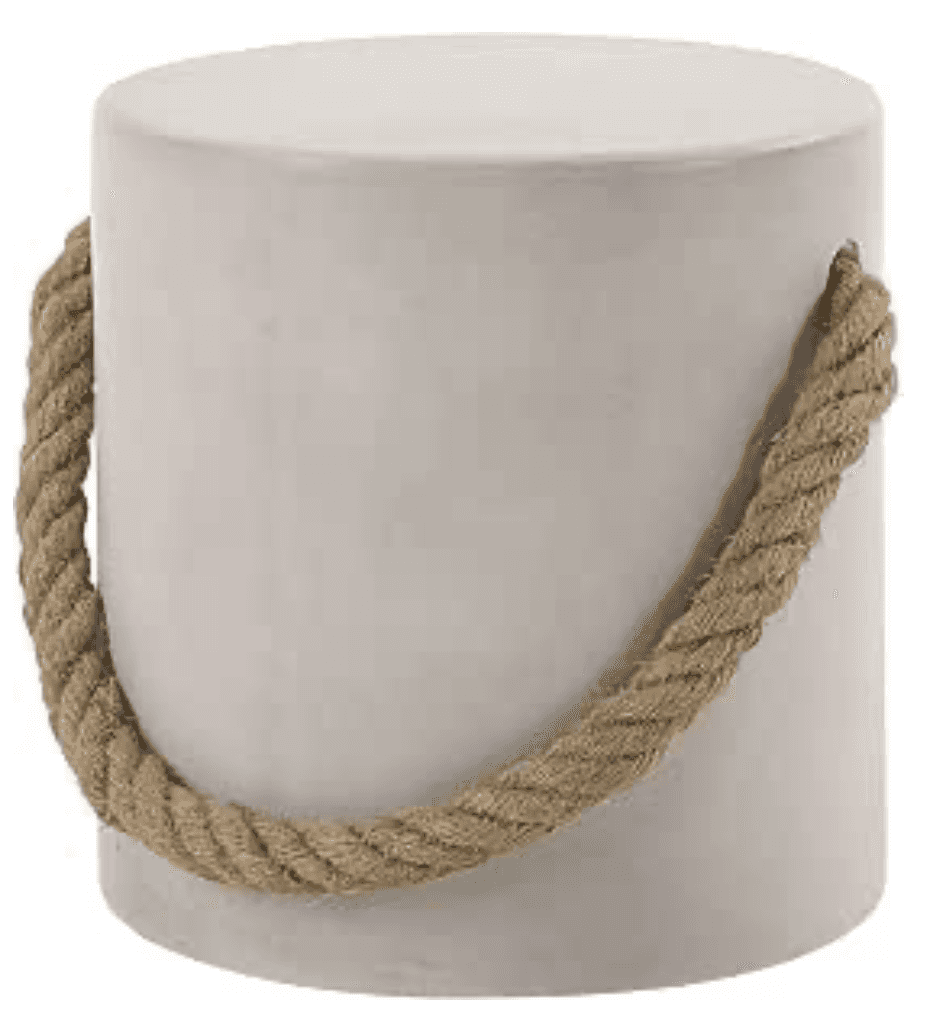 A cylindrical, light gray, concrete or composite stool featuring a thick, braided natural fiber rope… — 3D model