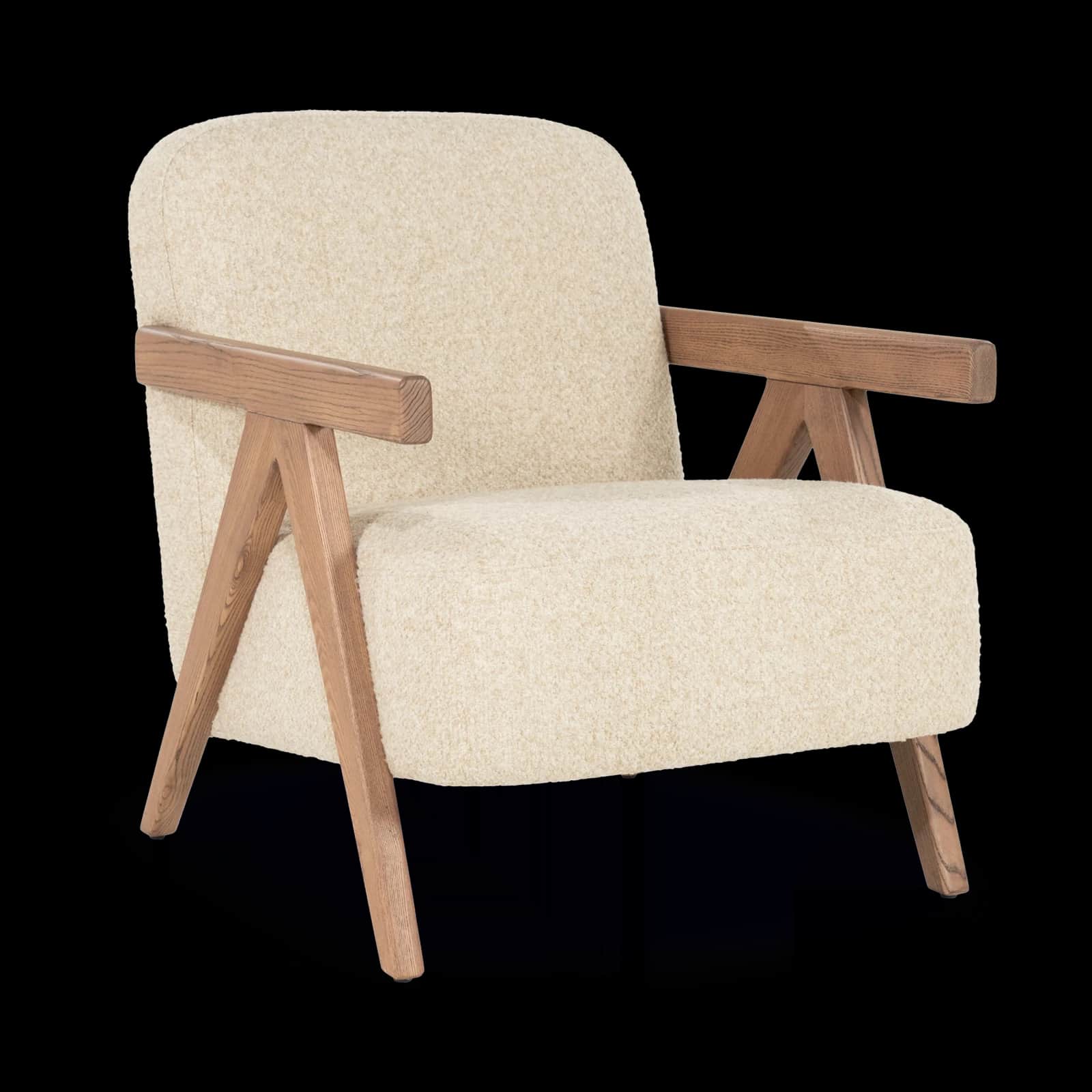 A modern armchair with a plush, textured upholstery and a distinctive wooden frame. The frame featur… — free OBJ 3D model