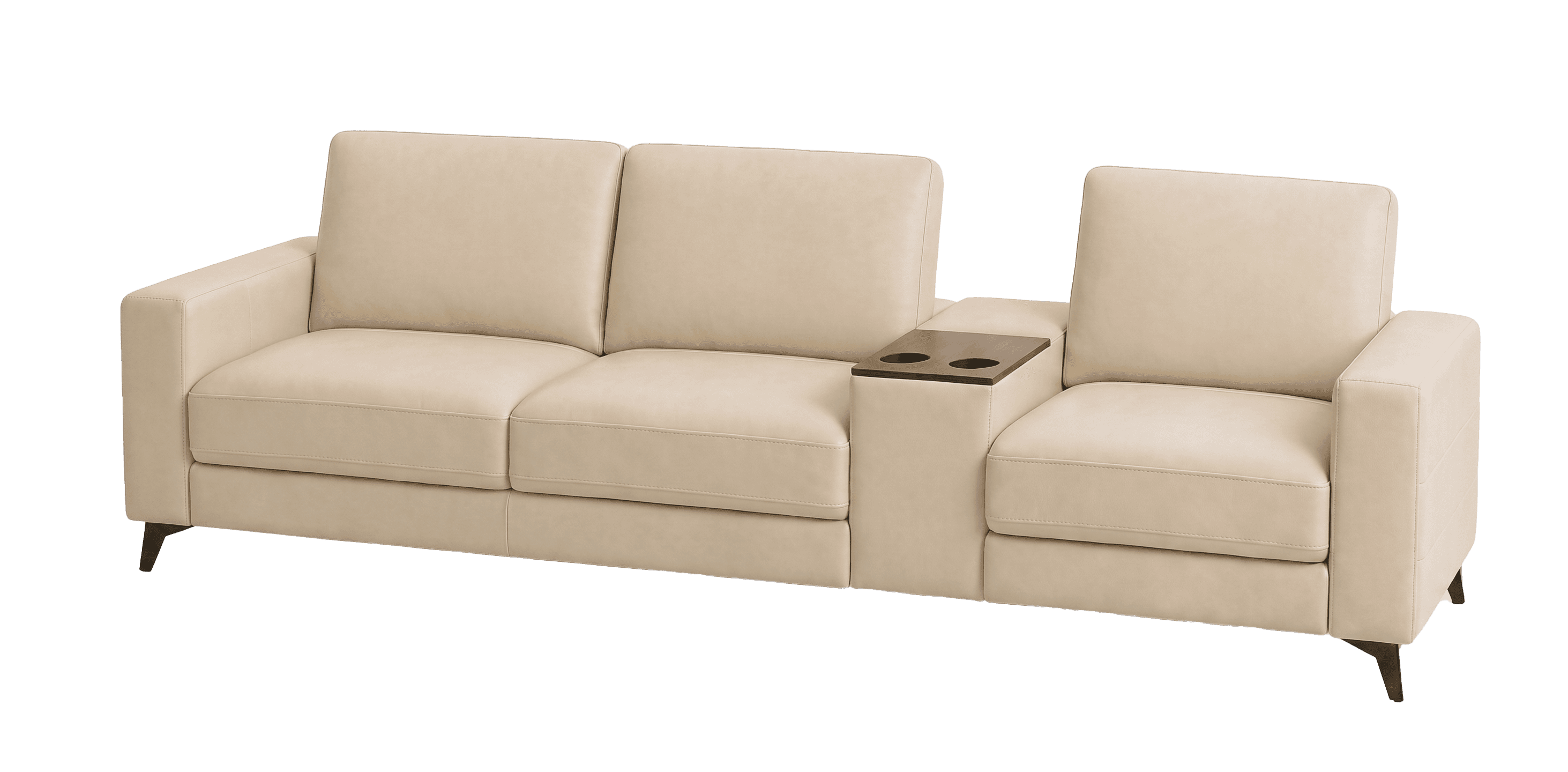 A three-seat sofa with a cream-colored upholstery, featuring individual seat and back cushions. A da… — 3D model