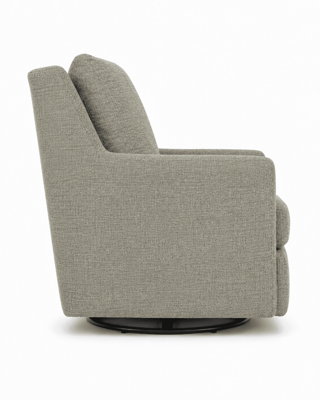 A contemporary upholstered armchair featuring a swivel base and a light grey textured fabric. The ch… — 3D model