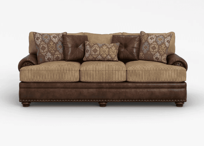 A three-seater sofa featuring a robust design with a mixed upholstery of dark brown leather and beig… — 3D model