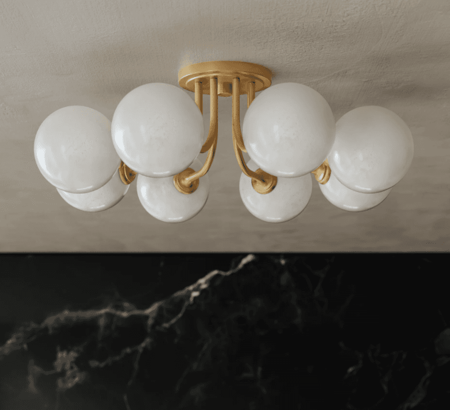 A modern ceiling-mounted chandelier featuring a gold-toned metal base and arm structure. The fixture… — 3D model