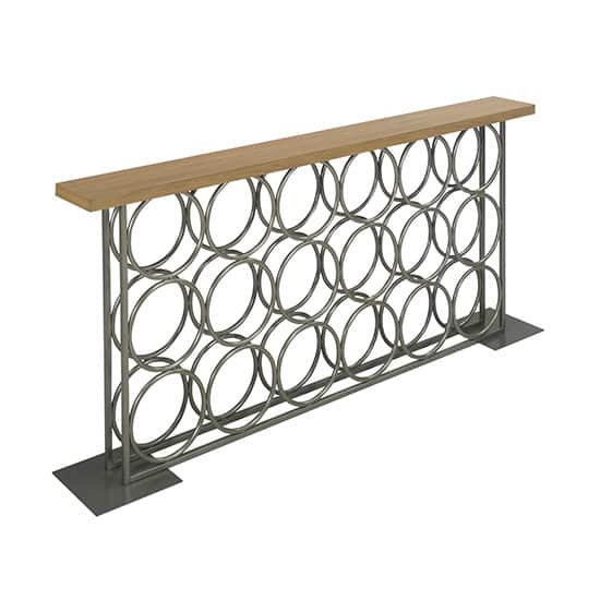 A long, narrow console-style unit featuring an integrated wine rack beneath a wooden tabletop, suppo… — 3D model