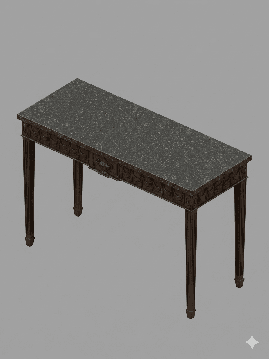 A long, narrow console table with a dark, speckled granite top and a carved wooden base. The base fe… — 3D model