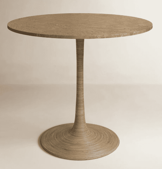 A round table featuring a natural travertine stone top with a subtly textured surface. The table is… — free OBJ 3D model