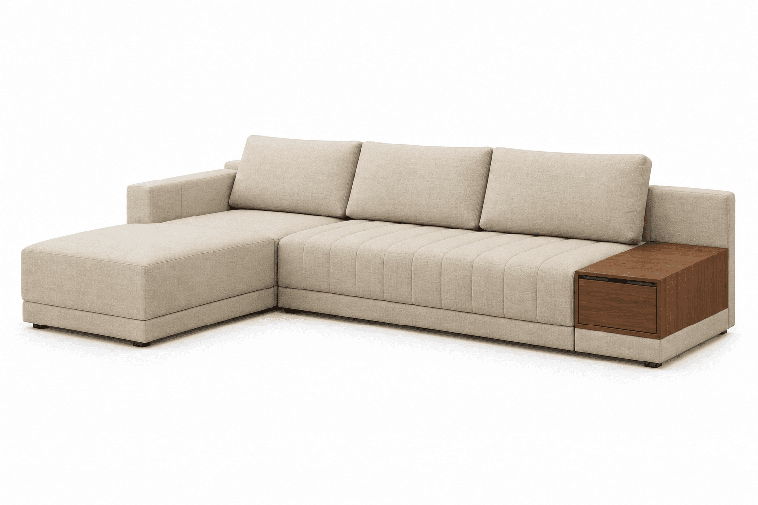 An L-shaped sectional sofa upholstered in light beige fabric, featuring a left-facing chaise lounge,… — free SKP 3D model
