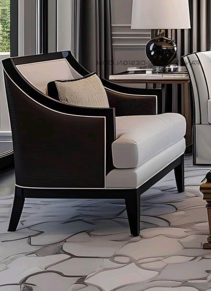 A contemporary armchair featuring a dark-finished wooden frame with contrasting white piping, uphols… — 3D model