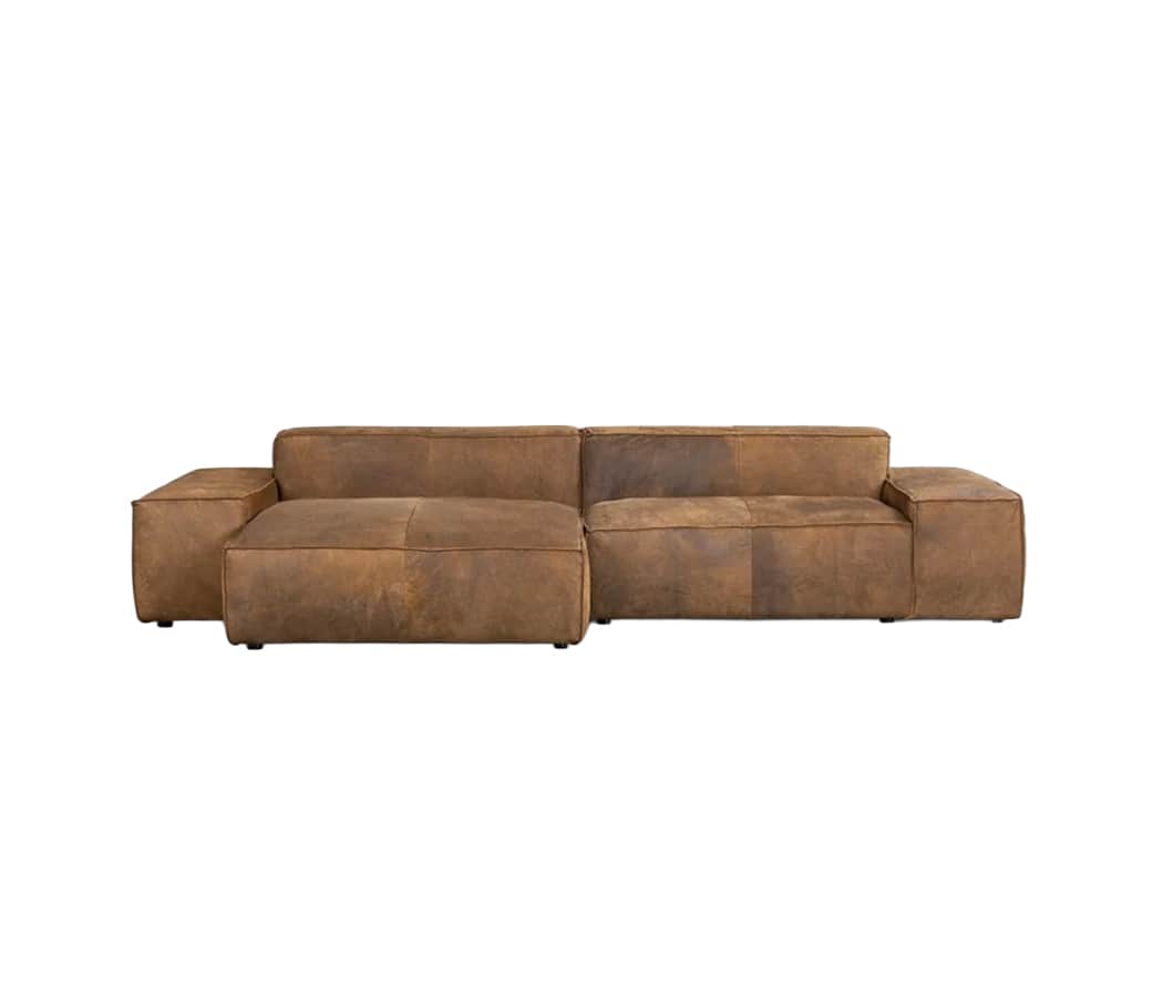 A modern modular sectional sofa upholstered in distressed brown leather, featuring a low-profile, bl… — 3D model