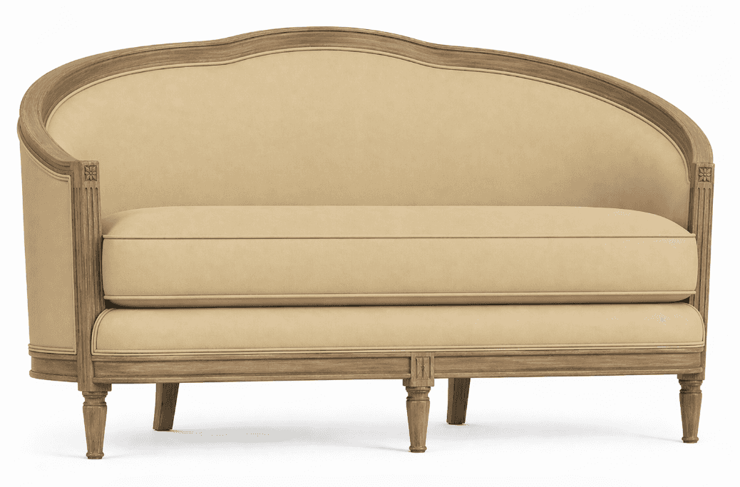 A two-seater sofa with a curved back and upholstered seat and backrest. The frame is constructed fro… — 3D model