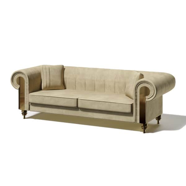 A classic Chesterfield sofa with a tufted back and rolled arms. It features a neutral-toned upholste… — 3D model