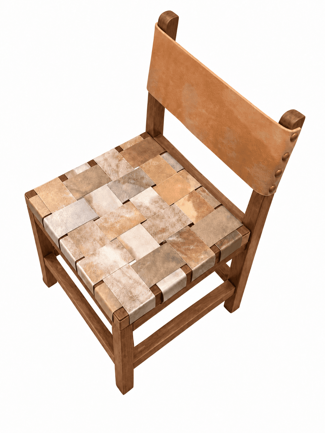 A wooden framed chair featuring a woven seat made from strips of hair-on hide and a flat leather bac… — free GLTF 3D model