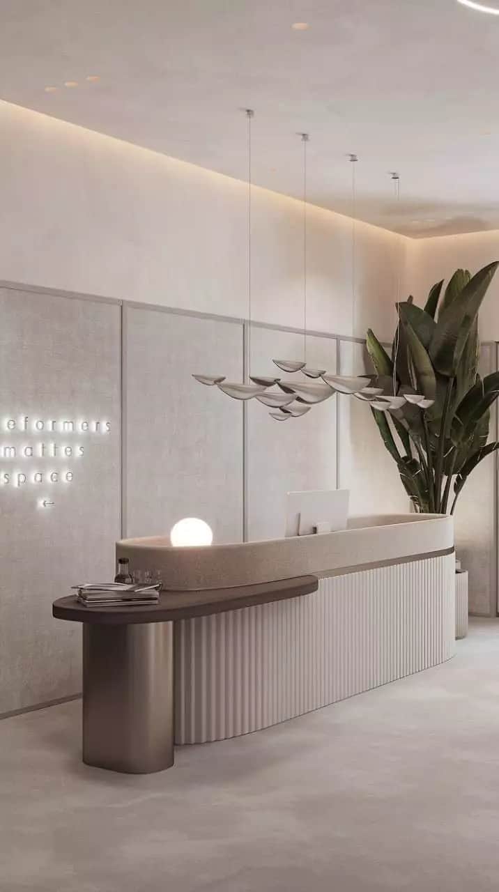 A modern reception desk with a curved, multi-tiered design. The main body features vertical fluting,… — free OBJ 3D model