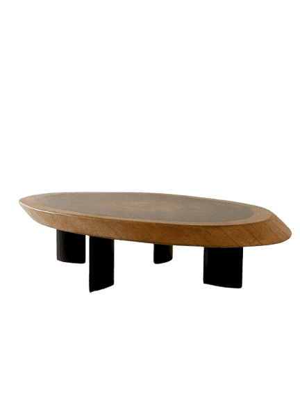 A low-profile coffee table featuring an oval-shaped, natural wood top with a slightly raised edge. T… — 3D model