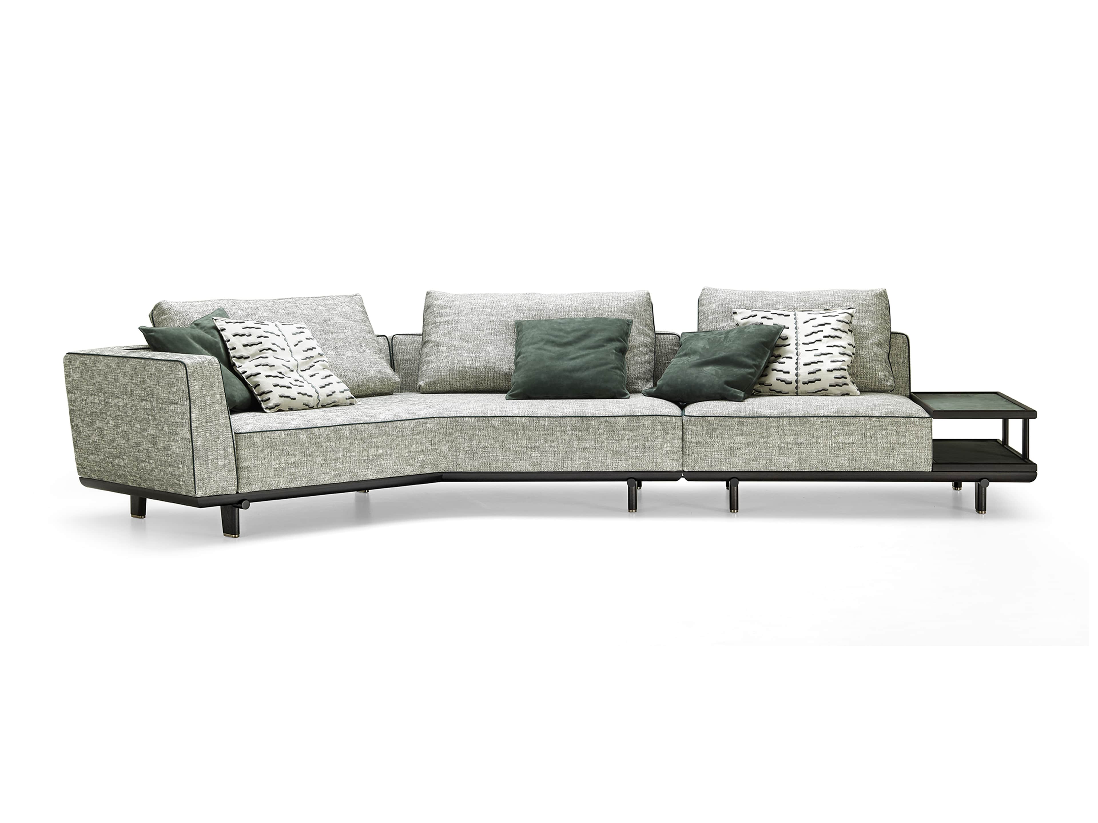 A modern L-shaped sectional sofa featuring a light grey-green textured fabric upholstery and an expo… — 3D model