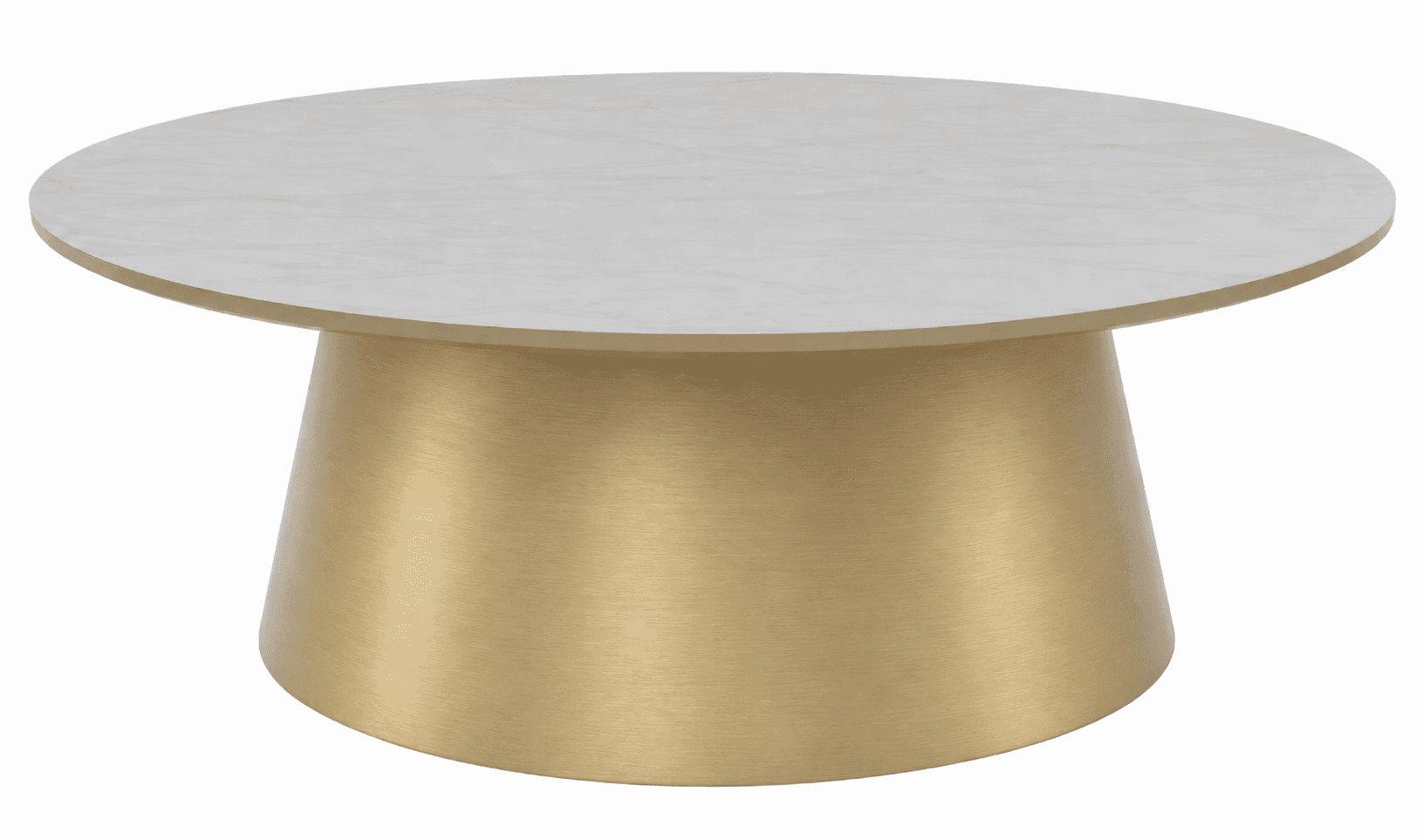 A modern, round coffee table featuring a white marble-look top and a brushed brass drum-shaped pedes… — free BLEND 3D model