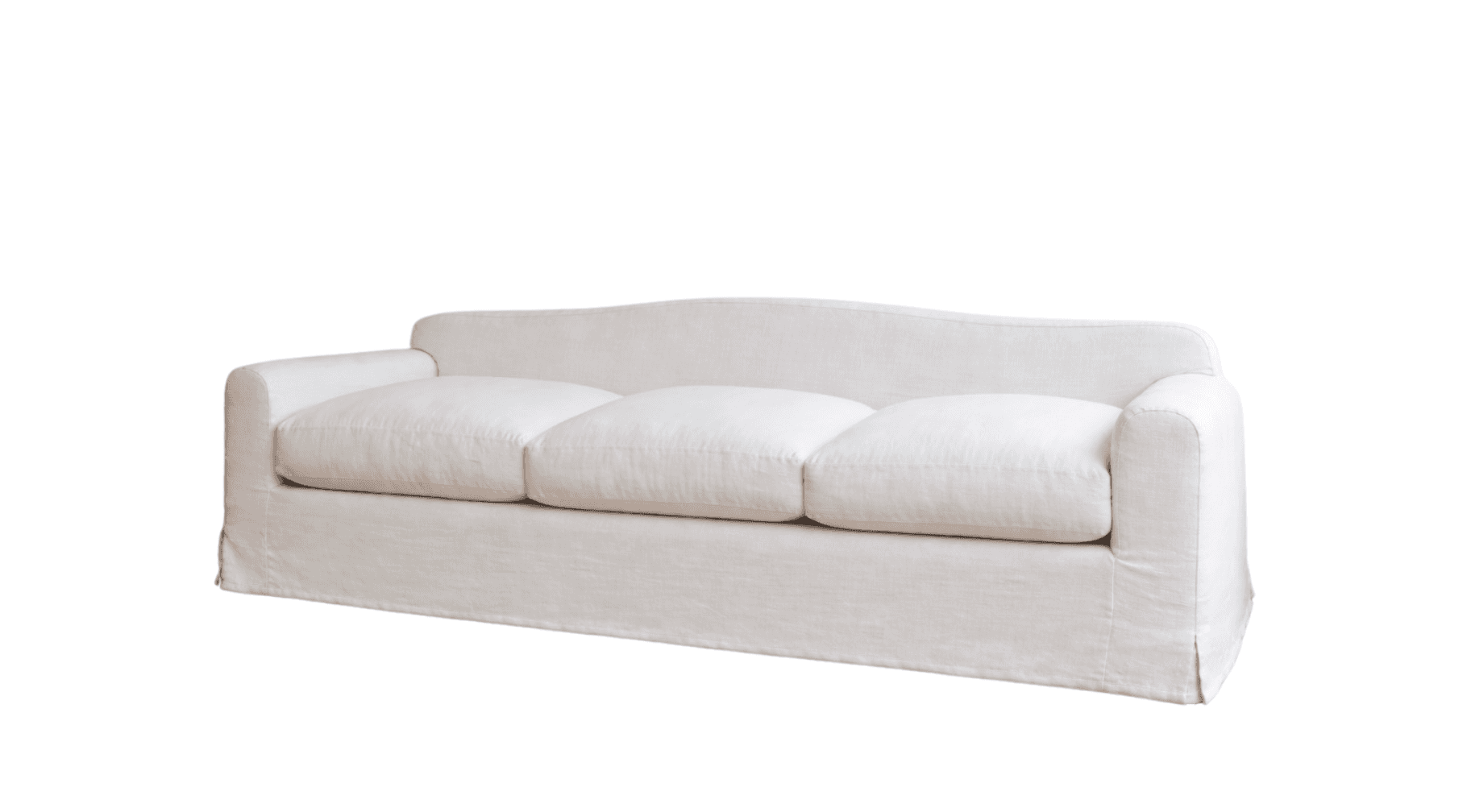 A white, three-seater sofa featuring a relaxed slipcover design. It has a gently curved backrest, cl… — 3D model
