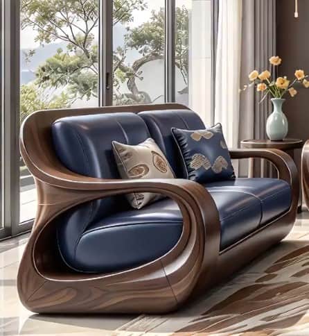 A modern two-seater sofa featuring a distinctive, continuous curved wooden frame that encompasses th… — 3D model