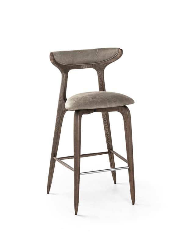 A modern bar stool with a wooden frame and upholstered seat and backrest. The frame has a natural wo… — free SKP 3D model