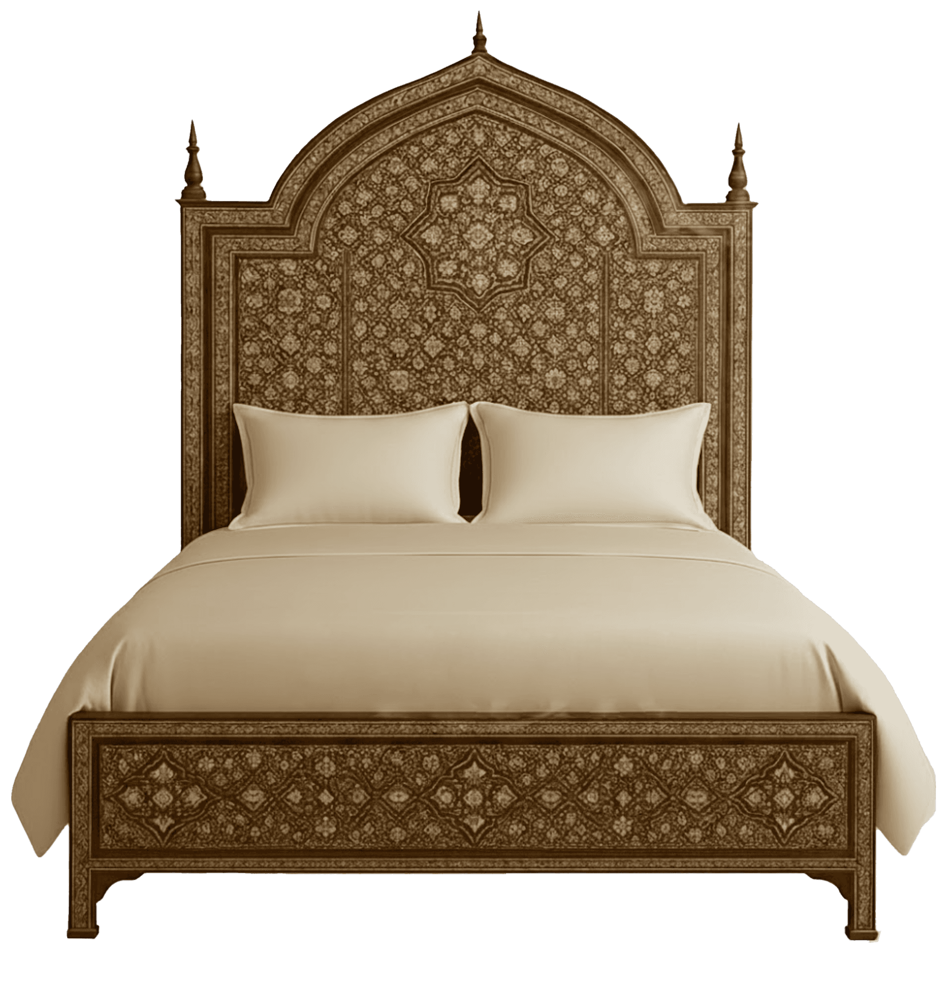 A grand bed frame with an intricately carved, arched headboard and footboard, featuring ornate flora… — free FBX 3D model
