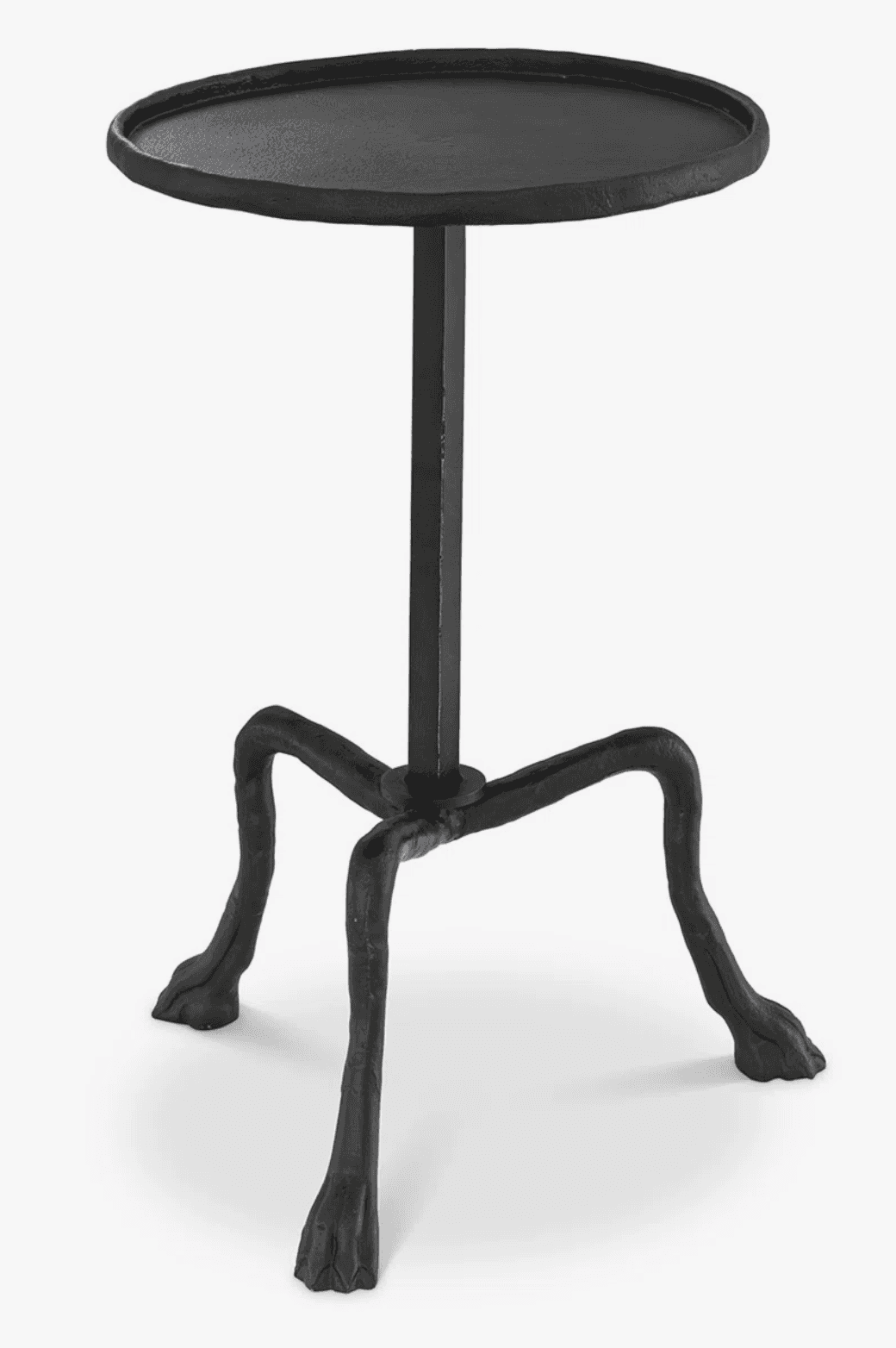 A black, round-top side table with a central pedestal supported by three splayed legs that are sculp… — 3D model