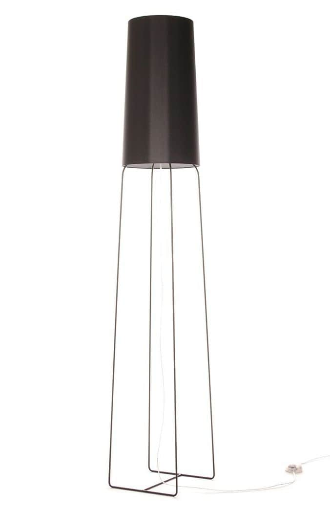 A minimalist black floor lamp featuring a slender, conical textile shade atop an open, dark metal wi… — 3D model