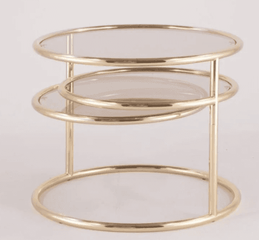 A round, tiered end table with a metallic frame and glass tops. The table features two circular shel… — 3D model