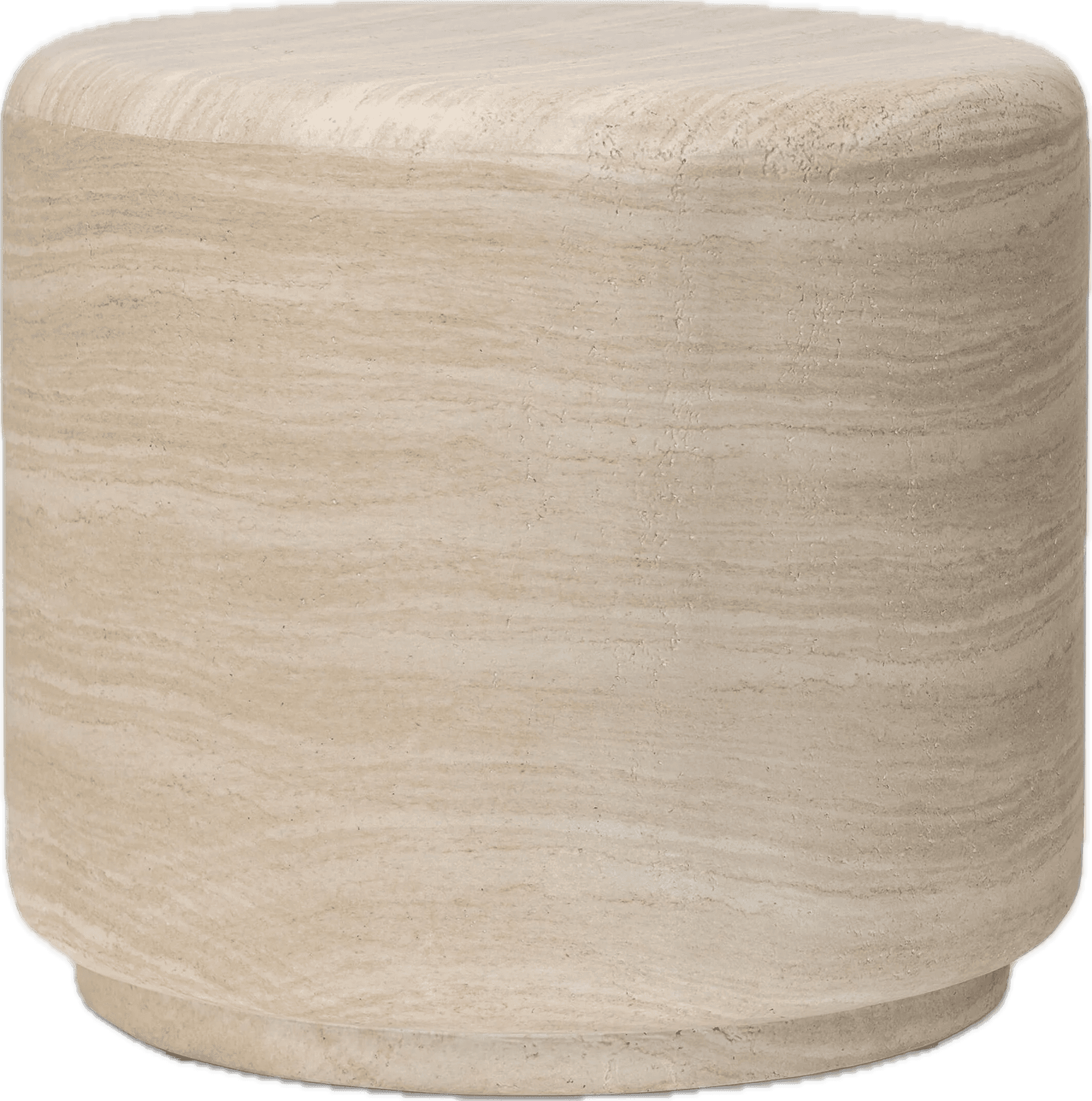 A cylindrical side table crafted entirely from natural travertine stone, showcasing its characterist… — 3D model