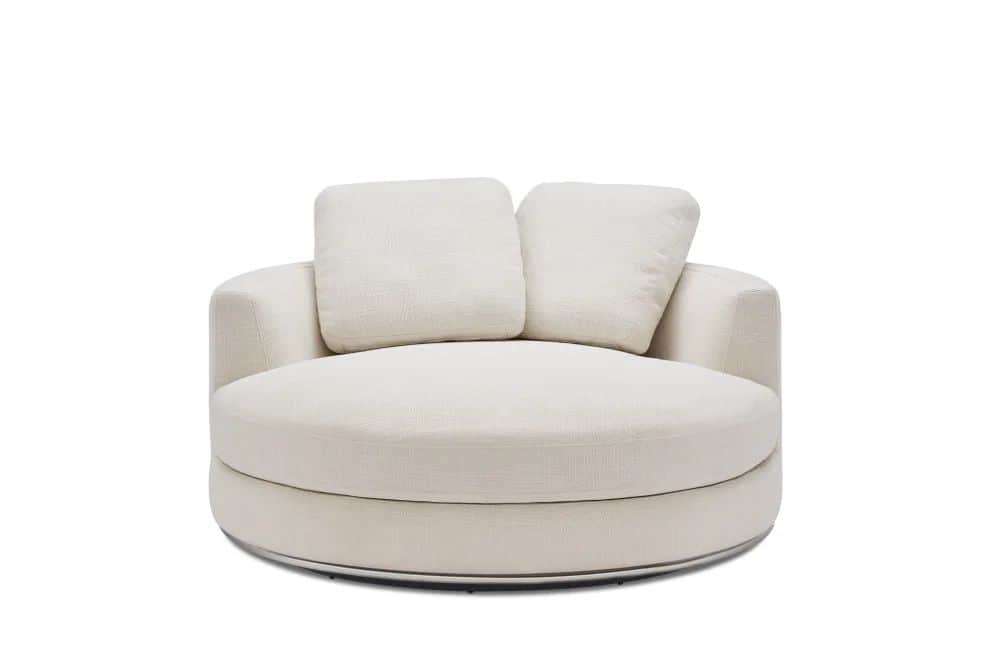 An off-white, plush, round lounge chair featuring a full swivel mechanism and two loose back cushion… — free OBJ 3D model