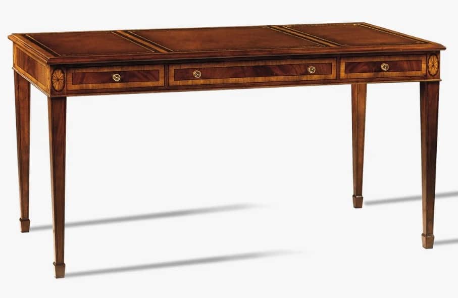 A long, narrow neoclassical writing desk featuring a rich wood finish, three drawers, and a dark lea… — 3D model