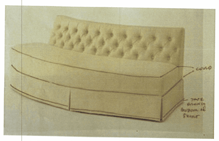 A curved tufted sofa with a pleated skirt and red piping along the cushion and skirt edges. — 3D model