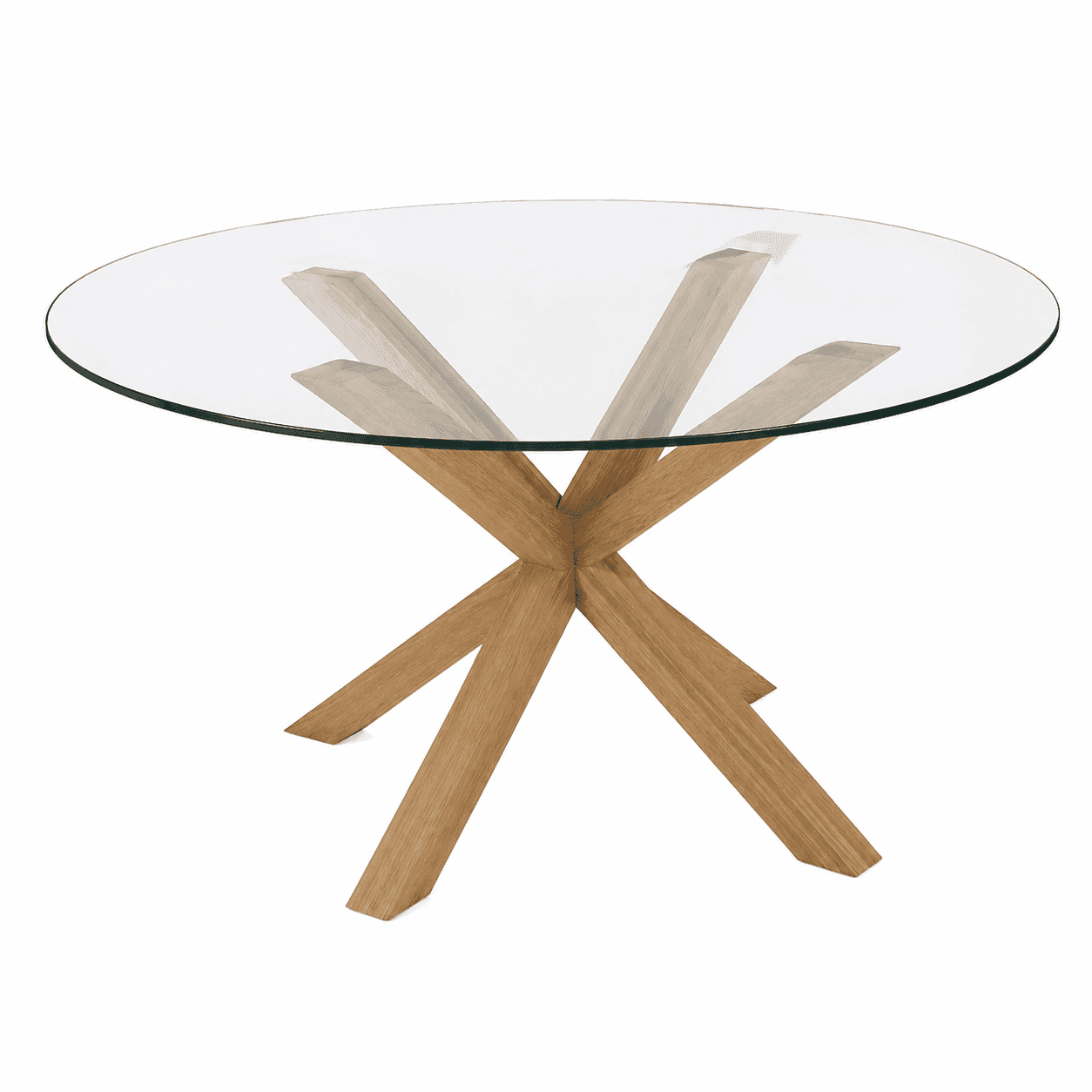 A modern round table featuring a clear glass top and a striking spider-leg base crafted from light-t… — 3D model