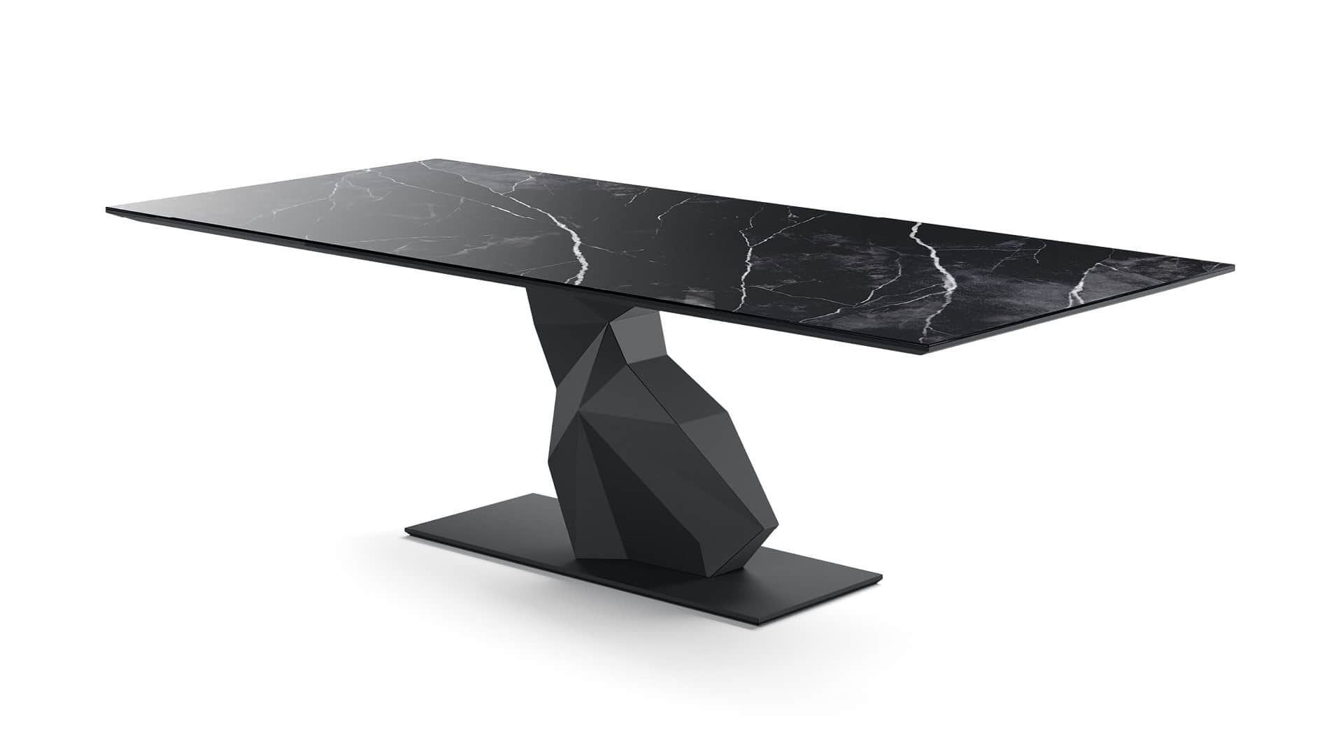 A rectangular dining table with a dark marble-patterned top and a sculptural, faceted black base. Th… — 3D model