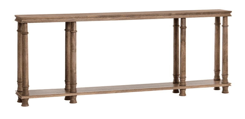 A long, narrow wooden console table featuring a rectangular top surface and a lower shelf, supported… — 3D model