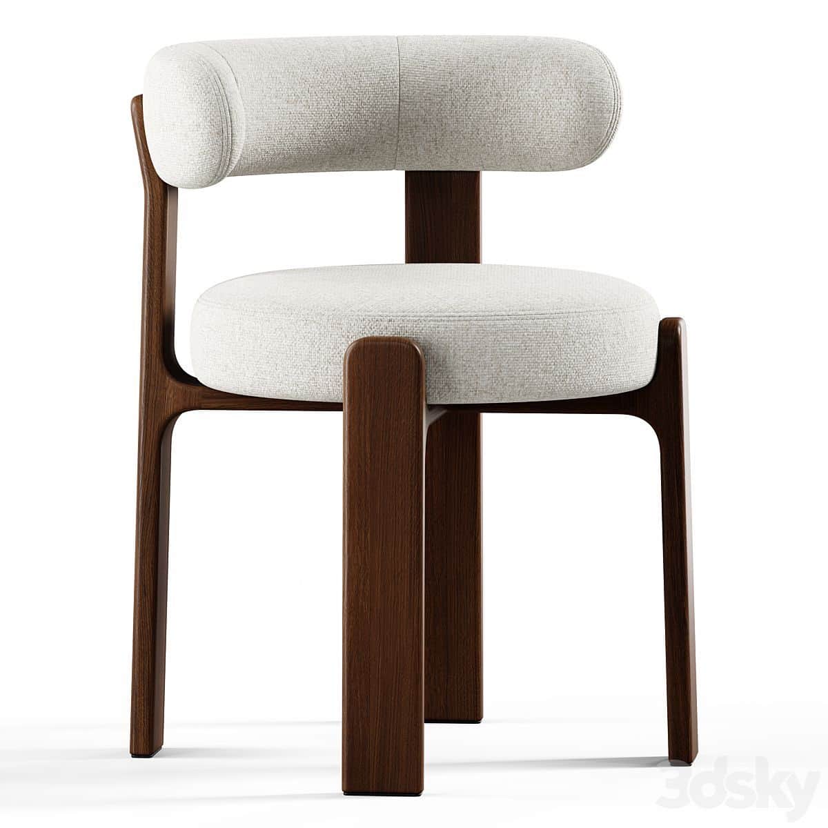 An armless dining chair featuring a dark stained wooden frame and light-colored upholstered seat and… — 3D model