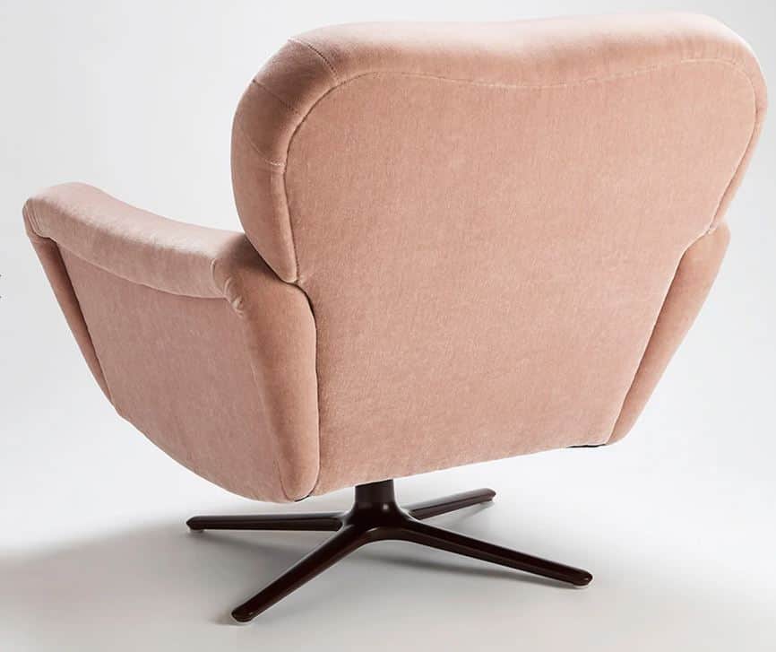 A contemporary lounge chair upholstered in a blush pink velvet-like fabric, featuring a sleek, integ… — free GLTF 3D model