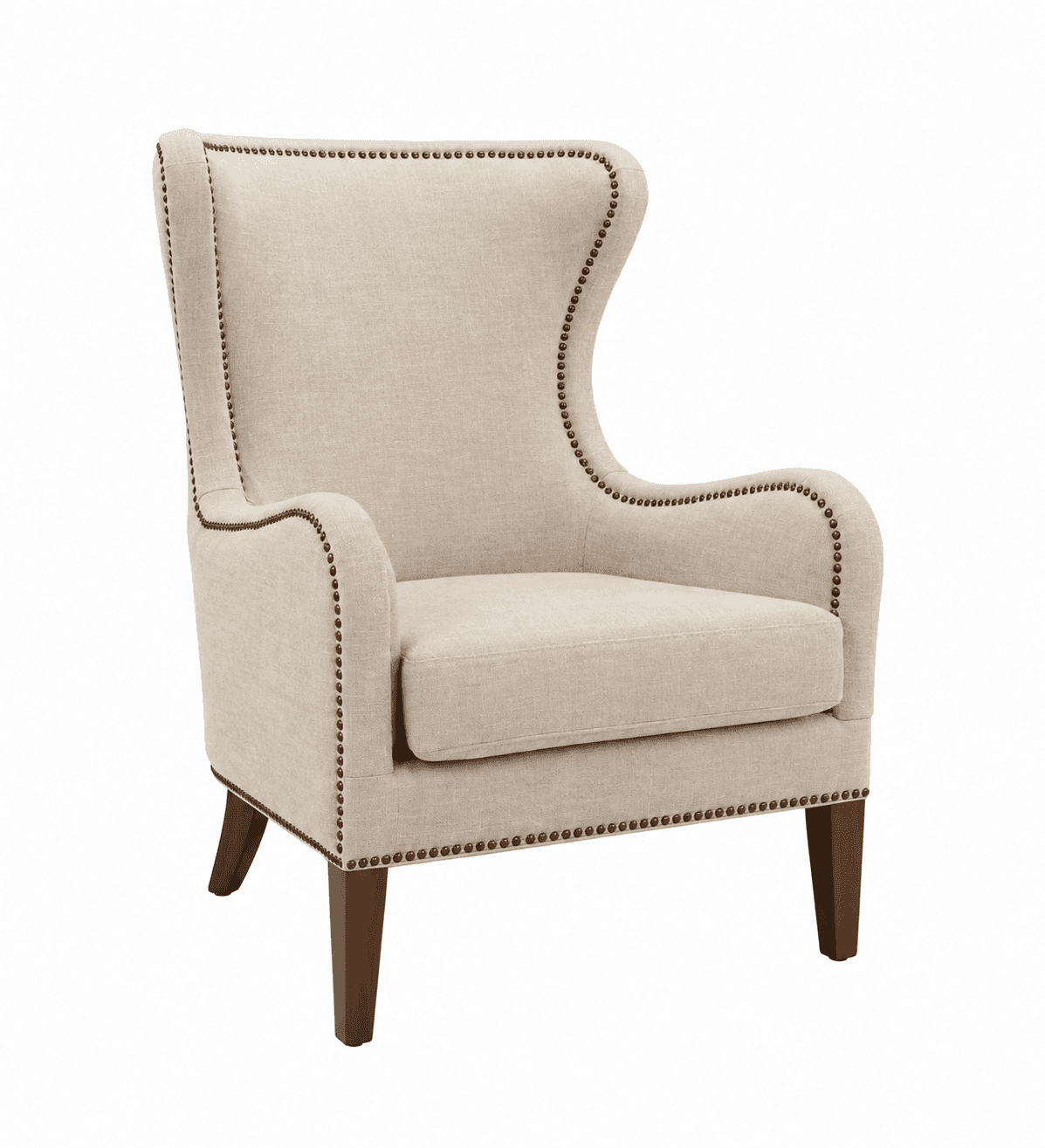 An upholstered wingback armchair featuring nailhead trim detailing. The chair is covered in a light… — 3D model