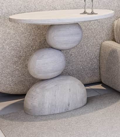 A contemporary accent table featuring a sculptural base composed of three stacked, organically shape… — 3D model