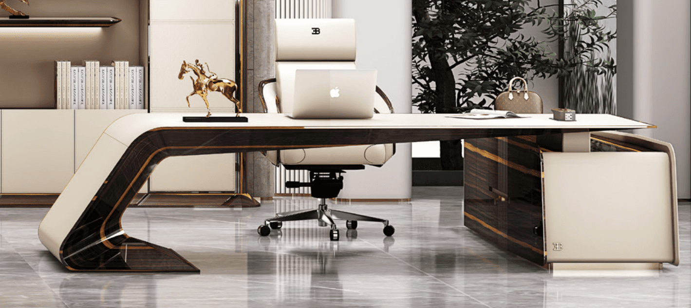 A high-end executive desk featuring a distinct asymmetrical and sculptural design. The desk is prima… — 3D model