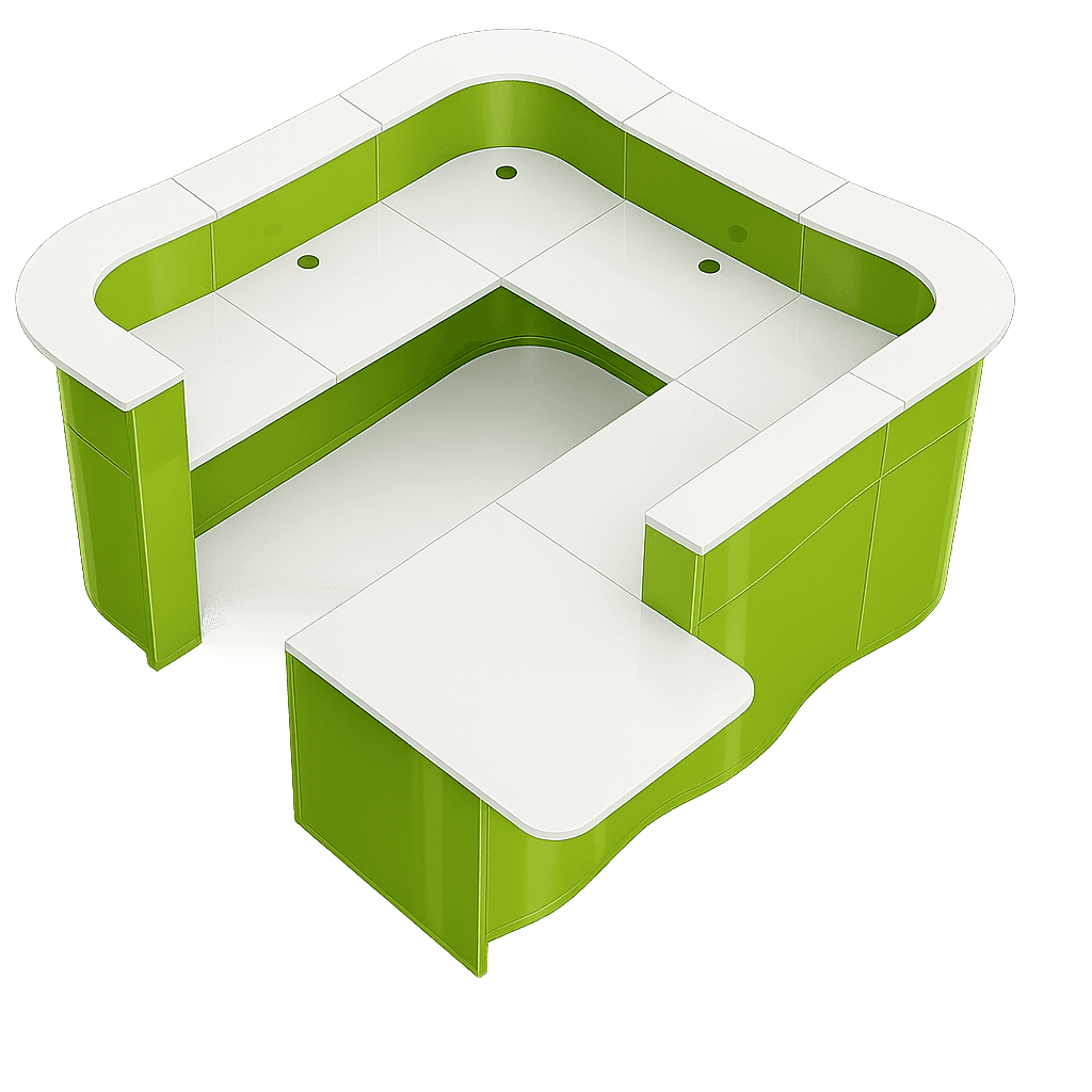 A U-shaped reception desk with a modern design.  The desk features a lime green base and white lamin… — free OBJ 3D model