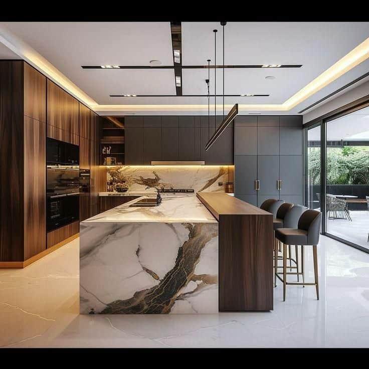 A contemporary kitchen island featuring a marble body with prominent veining, an integrated dark-col… — 3D model
