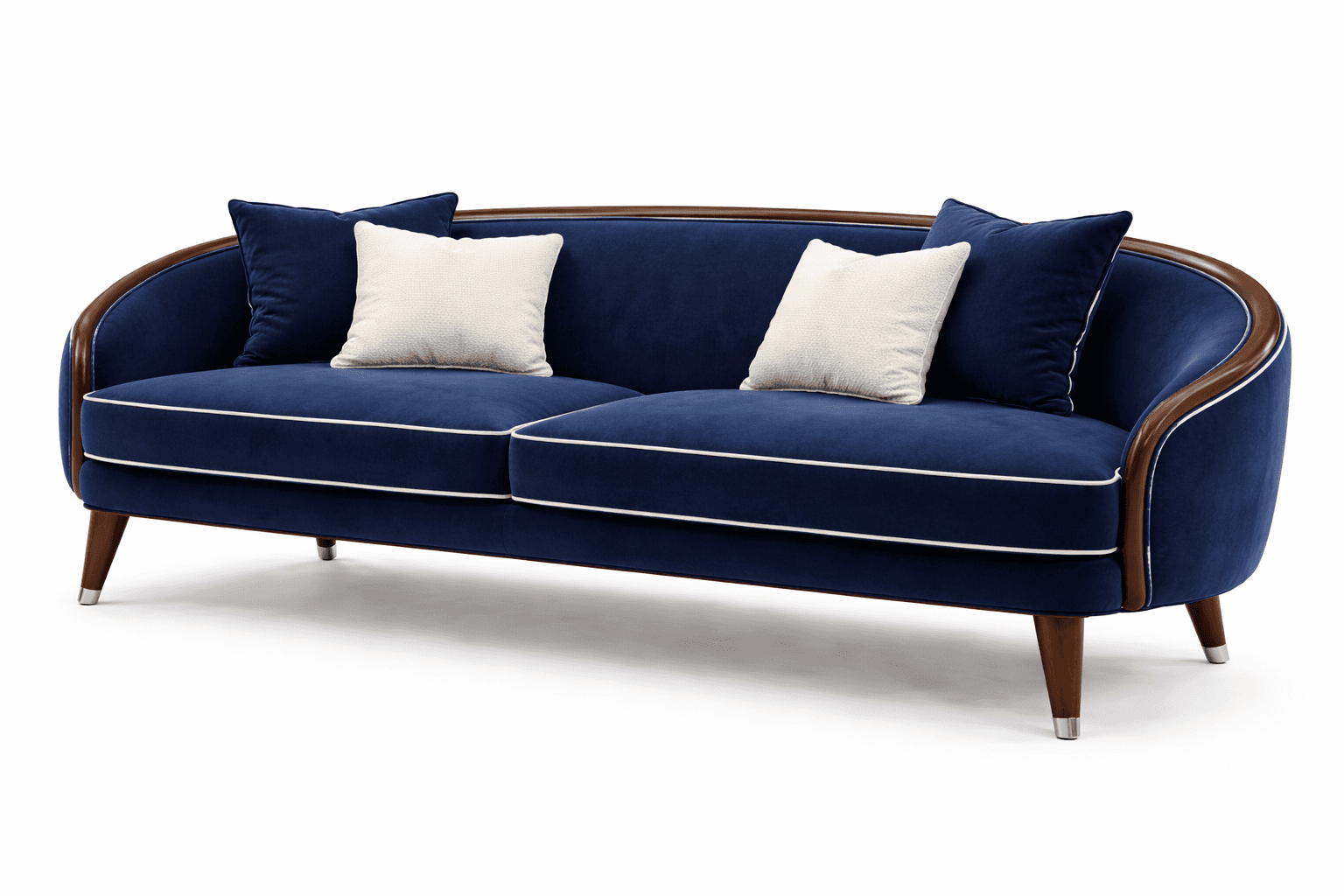 A mid-century modern-inspired sofa upholstered in a deep navy blue velvet fabric. It features a gent… — free OBJ 3D model