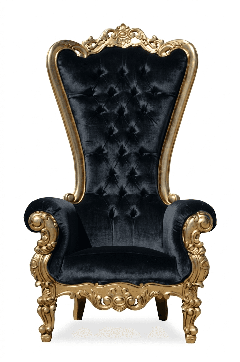 A grand, high-backed armchair featuring deep button tufting in black velvet upholstery, framed by an… — 3D model