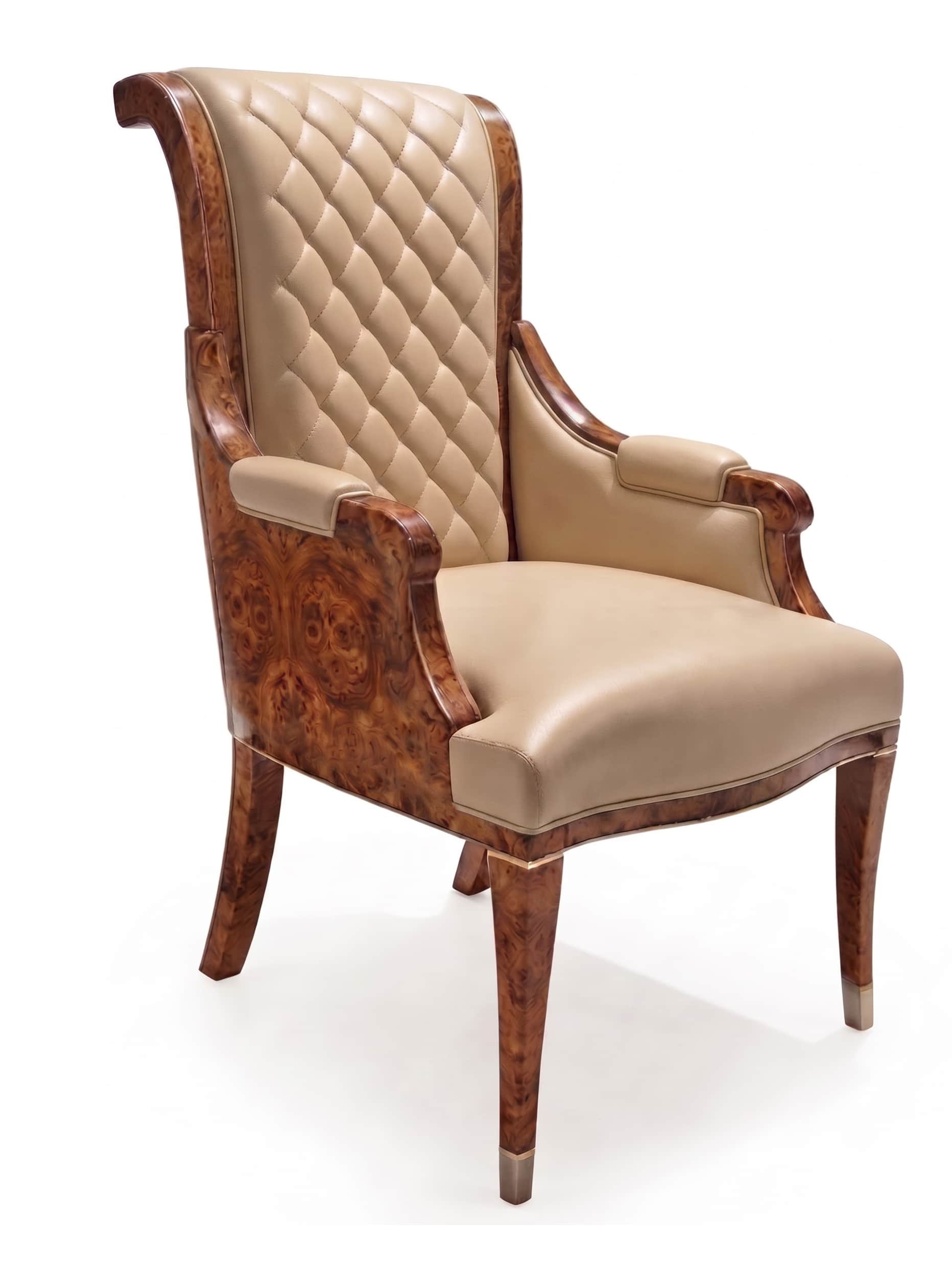 A formal armchair featuring a distinctive burl wood frame and cream-colored leather upholstery. The… — 3D model