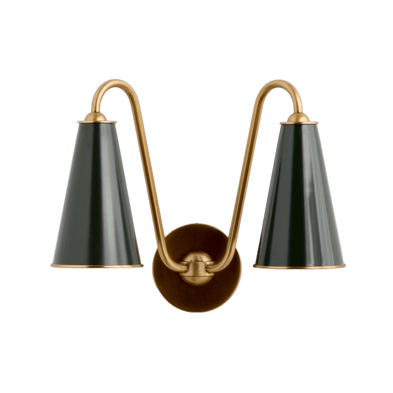 A mid-century modern-inspired wall sconce featuring two dark green, conical metal shades mounted on… — 3D model