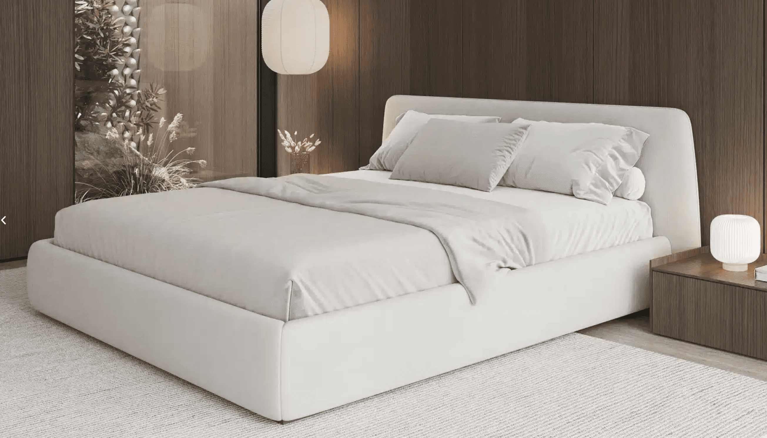 A modern, low-profile upholstered bed frame with a simple rectangular headboard and a matching base.… — 3D model