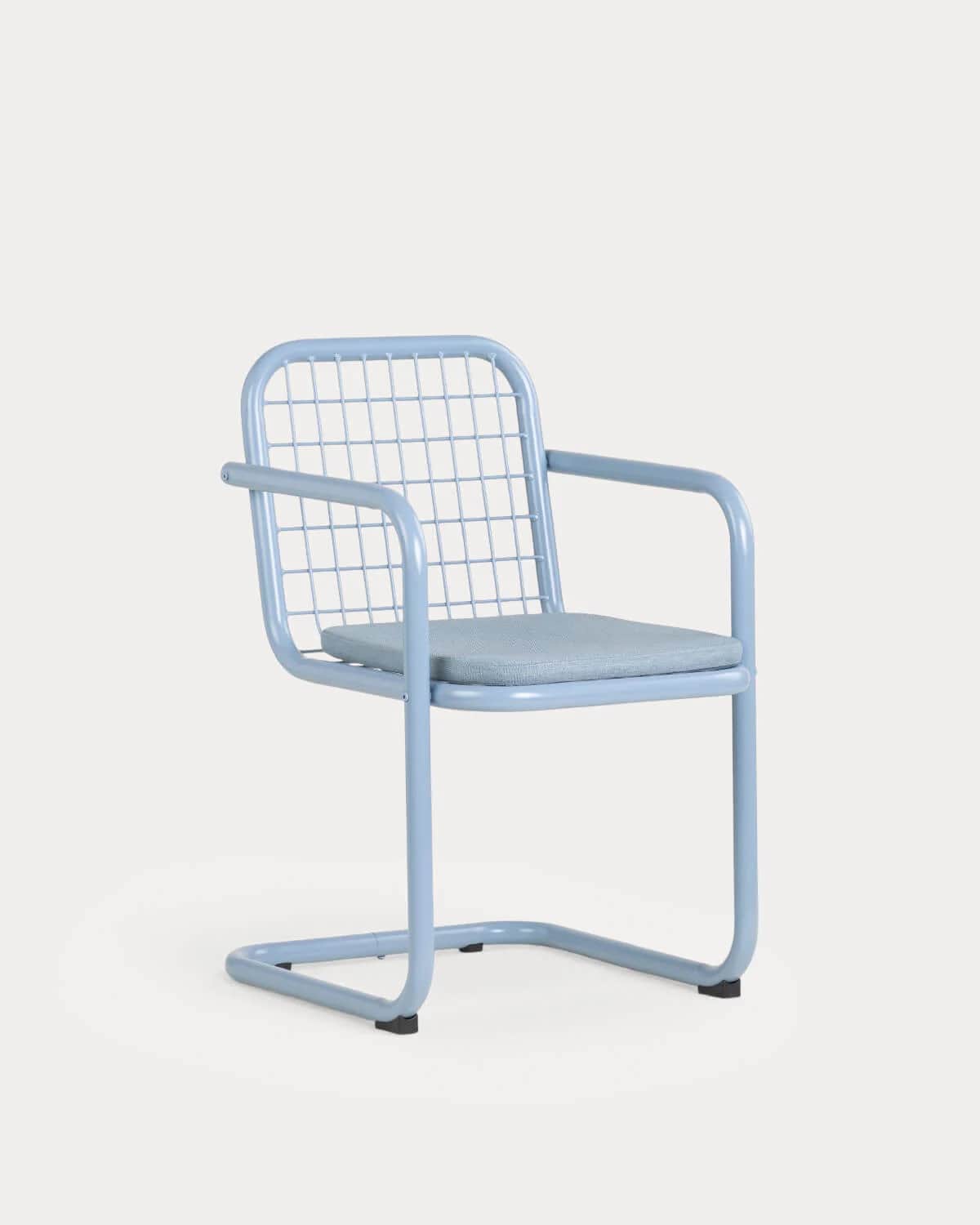 A light blue tubular metal armchair with a cantilever base, a grid-patterned backrest, and a light b… — free OBJ 3D model
